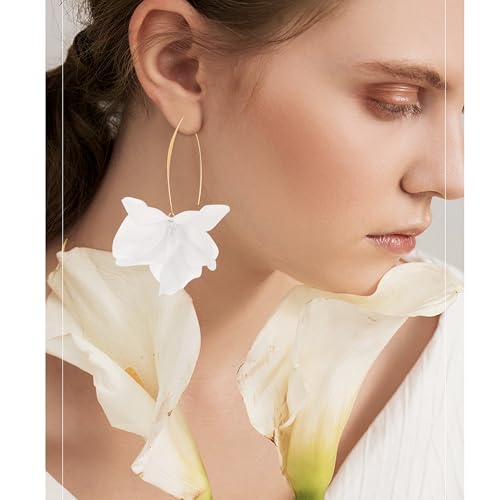 Exaggerated Bohemian Resin Rose Flower Petal Dangle Drop Earrings Long Acrylic Tiered Floral Tassel Earring for Women - color: White