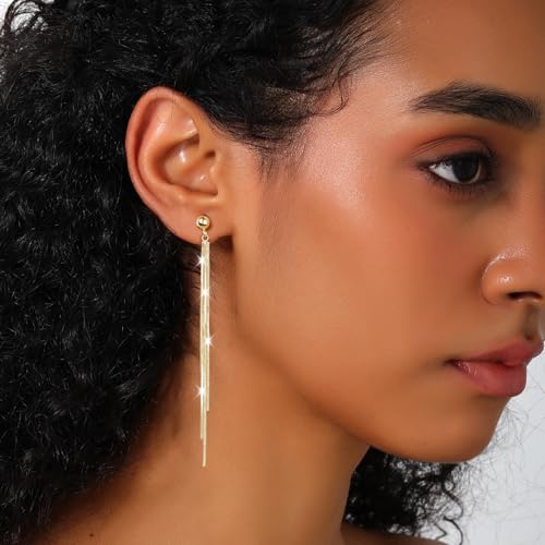 Long Dangle Earrings for Women 925 Sterling Silver/14K Gold Plated Tassel Chain Dangle Drop Earrings for Women Dainty Minimalist Dangling Drop Earrings for Prom Party Jewelry - style: Chain-5-Gold