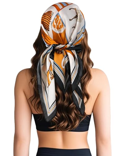 Sumolux Head Hair Scarf for Women Like Satin Silk Scarf Bandana Hair Wrapping Night Large Square Scarves 27.5" - color: Blue Horse