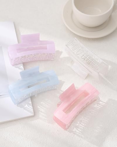 4Pcs Large Acrylic Hair Claw Clips, Nonslip Cute Hair Clips for Thick Hair and Long Hair, Rectangle Marble Claw Clips Hair Accessories for Women and Girls - color: White + Purple + Pink + Blue
