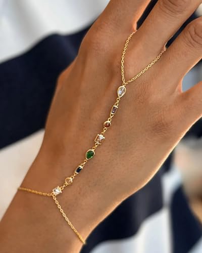 Rhinestone Gold Hand Chain Bracelet for Women – Dainty Brass Finger Ring Bracelet with Colorful Crystal Stones, Adjustable Hand Harness Bracelets Jewelry, Boho Fashion Accessories, Gift for Her