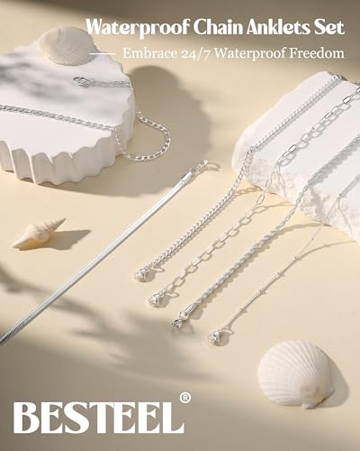 Besteel Ankle Bracelets for Women Waterproof - 14K Gold Plated Non Tarnish Layered Cuban Link Chain Rope Figaro Herringbone Anklets Set Plus Size Anklet Summer Foot Jewelry Gift Adjustable 8-12 Inch - style: 6 Pcs Silver Cuban-8.5+2.5 Inch
