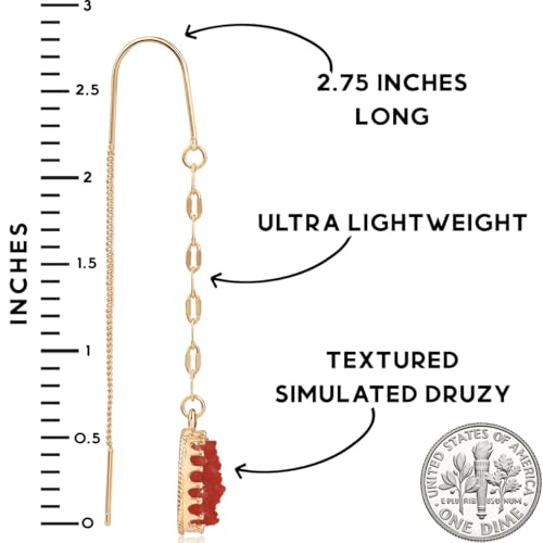 Simulated Druzy Threader Earrings for Women - Gold, Silver, or Rose Gold Tone Long Chain Earrings with Boho Created Geode Stone - color: Gold - Red Stone