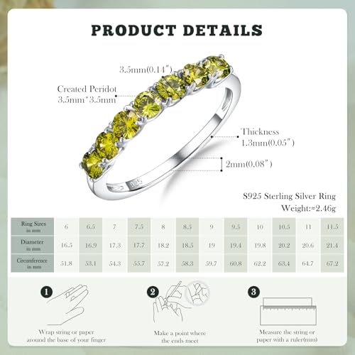 3.5mm Stackable Rings S925 Sterling Silver Created Birthstone & Cubic Zirconia Ring for Women Wedding Bands Anniversary Birthday Jewelry Size 6 to 10(with Box) - color: 08-Created Peridot-Aug