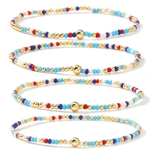 Boho 4Pcs Stack Colorful Small Seed Beaded Bracelets Set for Women, Cute Handmade Dainty Trendy Gold Plated Stretch Accessories Thin Glass Jewelry, Summer Daily Party Friendship Gift - color: Aqua Blue