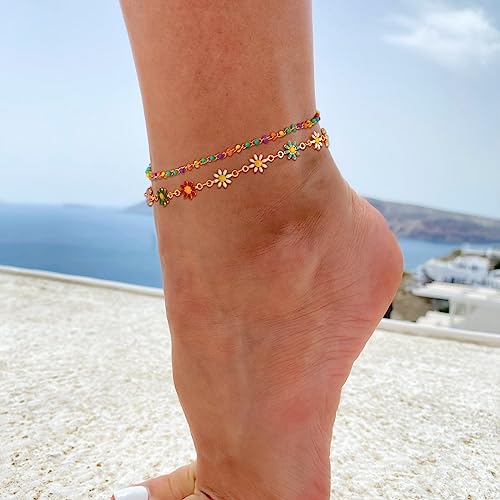 MTMY Gold Anklets for Women 14K Gold Plated Tiny Bead Anklet Colorful Tassel Foot Chain Dainty Adjustable Cute Summer Beach Boho Anklets Jewelry Gift - style: colorful beads