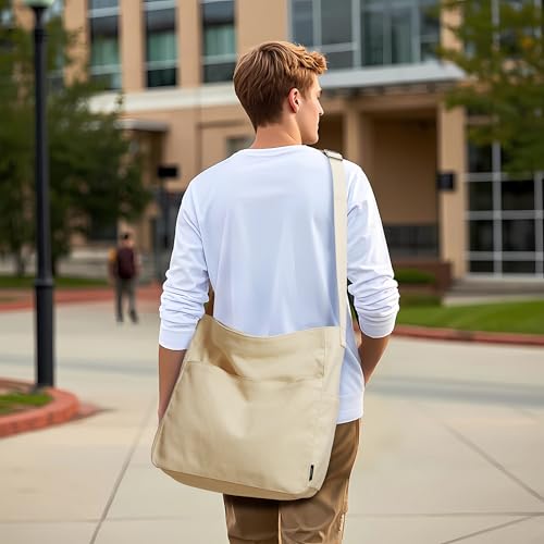 KALIDI Canvas Tote Bag Large Hobo Crossbody Shoulder Handbag Zipper Messenger Bag for Women or Men Casual College Work - color: Beige