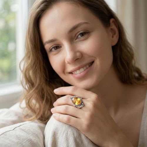 Handmade 925 Sterling Silver Plated Ring Natural Gemstone Carnelian, Rose Quartz, Tiger Eye, Crystal Oval Boho Jewelry For Women - color: Citrine Quartz