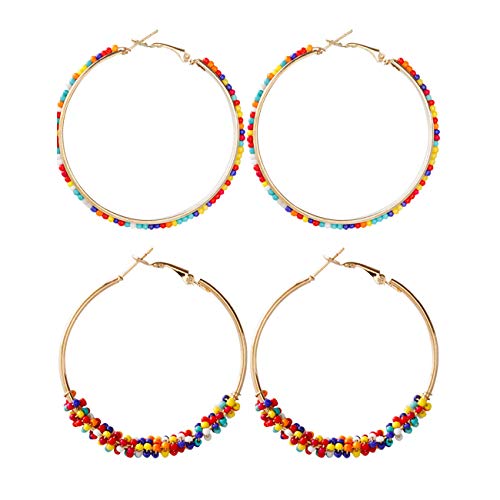 2 Pairs Bohemian Colorful Beads Circle Round Hoop Earrings Gold Hoop Dangle Earrings for Women Vintage Boho Jewelry - color: colorful