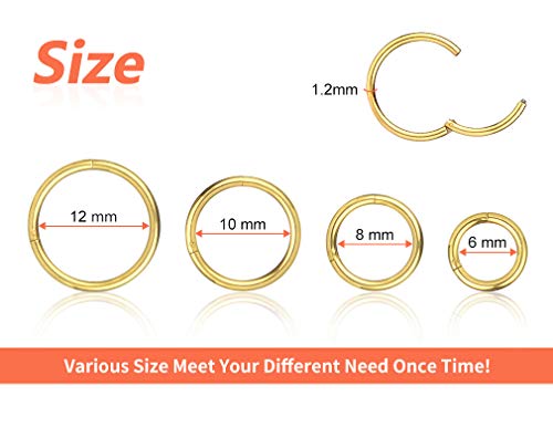 4Pcs 16G 18G 20G Surgical-Steel-Piercing-Ring-Nose-Rings-Hinged-Hoop-Earrings,6mm 8mm 10mm 12mm Seamless Stainless Steel Clicker Eyebrow Septum Piercing Hoop,Sliver Black Gold Rose Gold Rainbow Body Jewelry Set - color: 16G Gold