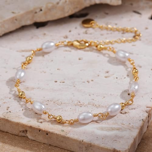 SLOONG Gold Pearl Bracelets for Women Trendy, 14K Gold Plated Dainty Stackable Layered Chain Bridesmaid Bracelets, Waterproof Wedding Jewelry for Women Adjustable 6"+2" - color: 1.Style3(Pearl)