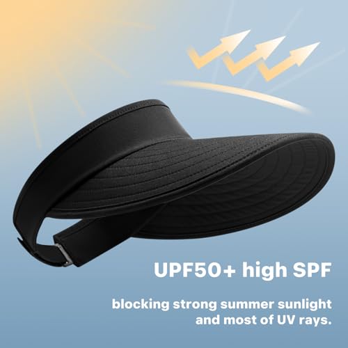 WANDER Sun Visor Hats for Women Wide Brim UV Protection Adjustable Large Golf Beach Cap Packable Travel Sport Visor - color: Black