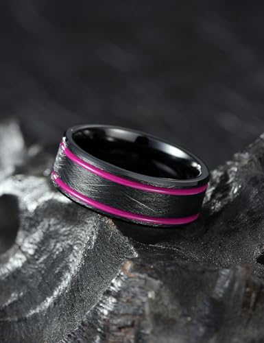 King Will Mens Tungsten Rings for Men Two Tone Grooved Mens Wedding Band Cool - color: Black & Purple Two Groove