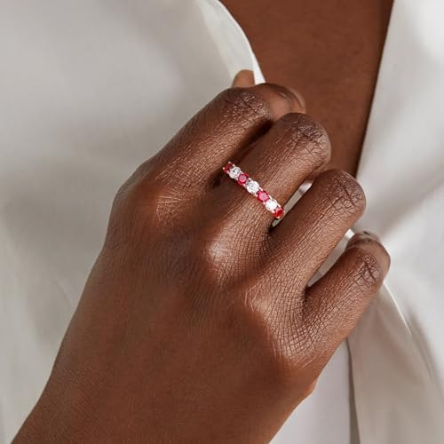 3.5mm Stackable Rings S925 Sterling Silver Created Birthstone & Cubic Zirconia Ring for Women Wedding Bands Anniversary Birthday Jewelry Size 6 to 10(with Box) - color: 07-Created Ruby & CZ-Jul