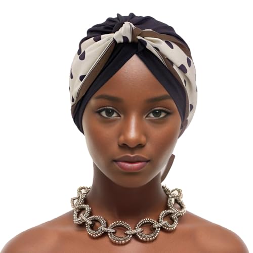 Erinaco Women Sparkle Sequin African Turban Bow Knot Pre-Tied Cap Pleated Ruffle Bonnet Beanie Hat Headwrap Skull Caps - color: Black Polka Dots