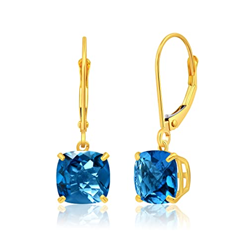 14k White or Yellow Gold Cushion Cut Gemstone Dangle Earrings for Women with 8mm Birthstones by MAX + STONE - color: London Blue Topaz