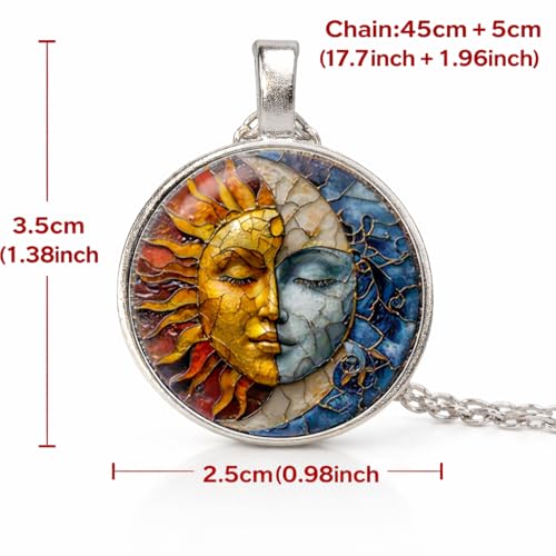 1pc Stunning Round Pendant Necklace - Unique Sun & Moon Pattern, Oil Painting Style Glass Mosaic, Alloy Construction, Trendy Sweater Chain, Fashionable Gift for Women - Christmas or Birthday Gift - color: Silver Chain