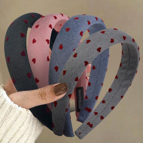 Huachi Valentine's Day Headbands for Women Non Slip Trendy, Heart Headbands for Women’s Hair 1 inch Wide Cute Headband for Girls, Head Bands Elastic Hair Bands Fashion Accessories for Women 4PCS - color: Heart Headband Set