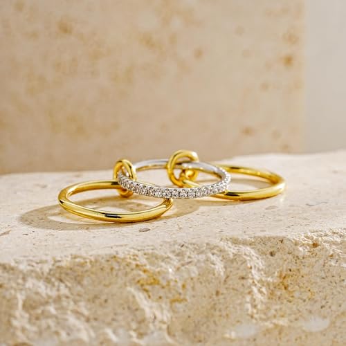 YOIHUR 14K Gold Plated Stackable Rings for Women Non Tarnish, 3 Ring Set with CZ Cubic Zirconia，Interlocked Stackable Rings，Gold and Silver Connected Bands Stacking Jewelry