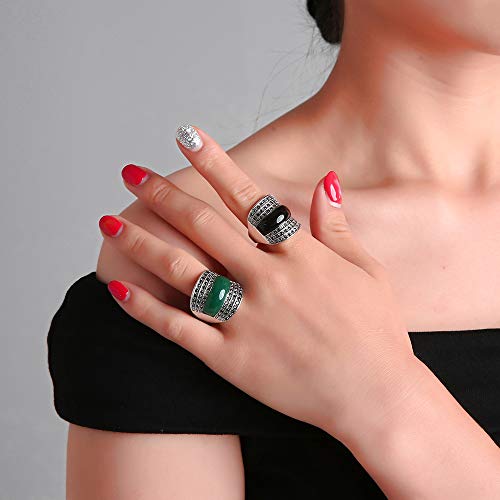 Women's Vintage Green Black Resin Marcasite Crystal Big Statement Cocktail Party Rings - color: Dark Green