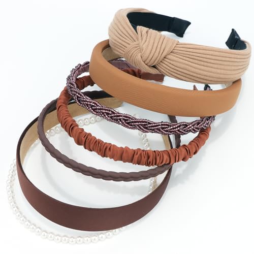 VELSCRUN Headbands for Women 7 Pcs Different Dark Brown Knotted Solid Pearl Head Bands Non Slip Hair Band for Womens Gilrs Thin Thick Short Hair Fashion Accessories - color: Dark Brown
