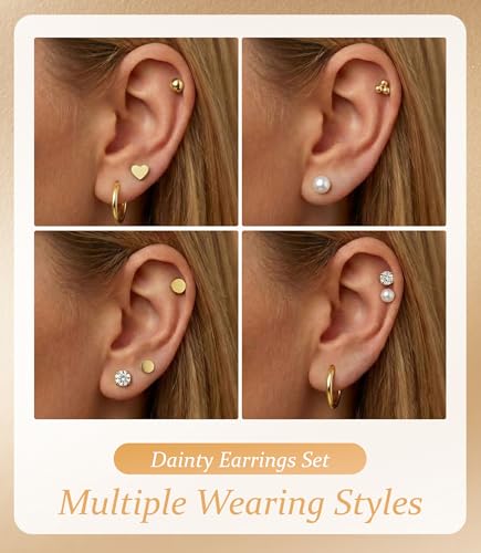 Incaton Hypoallergenic Flat Back Earrings for Women Silver 14K Gold Plated Surgical Stainless Steel Stud Earrings Cubic Zirconia Cartilage Studs Earrings For Multiple Piercing Sensitive Ears - color: E-Gold