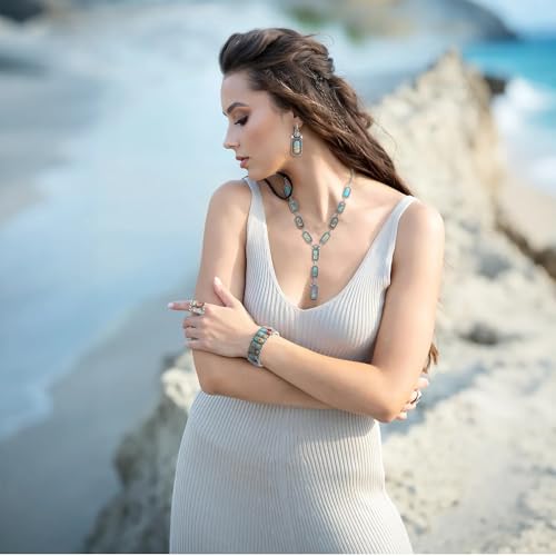 4 PCS Western Turquoise Jewelry for Women Boho Vintage Navajo Pearl Necklace Earring Bracelet Ring Set Country Cowgirl Accessories for Gift - color: I-Blue