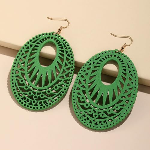 Boho Wooden Cutout Dangle Earrings for Women Bohemian Teardrop Oval Hollow Floral Pattern Drop Earrings Colorful Lightweight Statement Party Jewelry - color: Green