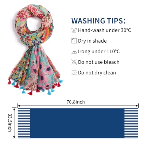 QIUTIMIY Scarf for Women Lightweight Soft Floral Leopard Printed Scarves Fall Winter Fashion Shawl Wrap with Fringe - color: Flower-red Sblue