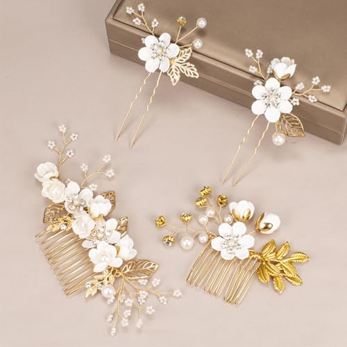 Luxury Floral Hair Clip Set - 4PCS Rose Gold & White Flower Hairs Accessories for Women, Vintage Bridesmaid Hairs Pins, Mother of Bride, Prom, Victorian Hair Decorations - color: White Base