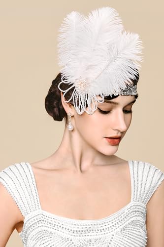 BABEYOND 1920s Feather Flapper Headband - Vintage Sequin Headpiece for Gatsby Party Roaring 20s Costume Accessories - color: White