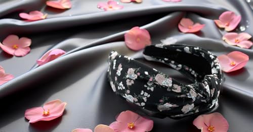 Black Bloom Floral Pattern, Colorful Spring Flower Satin Headbands for Women, Silk Feel, Soft Fabric, Knotted Headband Fashion Designer Top Knot - color: Black Bloom x