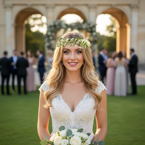 Vivivalue Daisy Flower Crown Floral Wreath Headband Hair Garland Flower Halo Headpiece with Ribbon Wedding Party Festival Photos White - color: 54