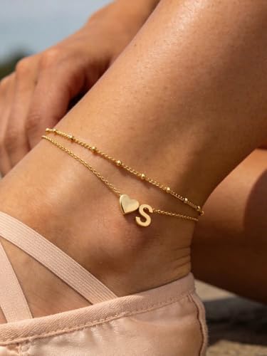 Silvora Ankle Bracelets for Women Waterproof 14K Gold/Silver/Black Initial Anklet for Women Dainty Layered Heart Ankle Bracelets Stainless Steel Adjustable Foot Chain Anklet Summer Beach Jewelry - color: Gold-14K Gold Plated, size: 19.S