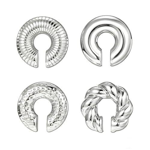 KISS WIFE 4 Pcs Chunky Ear Cuffs Non Piercing for Women, 14K Gold Plated Clip On Cartilage Hoop Earrings Jewelry Gifts - color: Silver