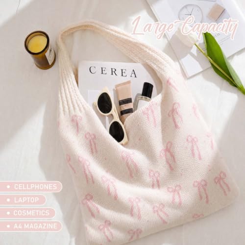 hatisan Crochet Bag for Women, Handmade Knit Beach Tote Bag Summer - color: Pink Bows
