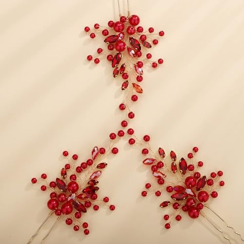 3pcs Red Crystal Hair Pins Long Side Hair Piece for Wedding Brides Bridesmaid Boho Hair Accessories for Prom (Red)