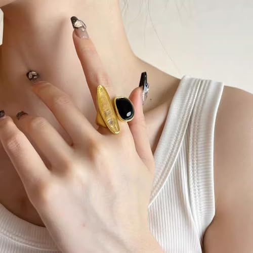 Asymmetry Black Agate Ring for Women Minimalist Open Wrap Thumb Band Gold-Tone Plated Adjustable Promise Rings Comfort Fit Wedding Fashion Unique Statement Eternity Jewelry