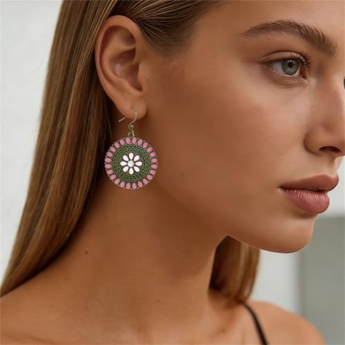MALOYANVE Vintage Boho Circular Flower Dangle Earring, Handmade Bronze Tribal Round Enamel Floral Drop, Bohemian Ethnic Statement Jewelry Gift for Women - color: Pink
