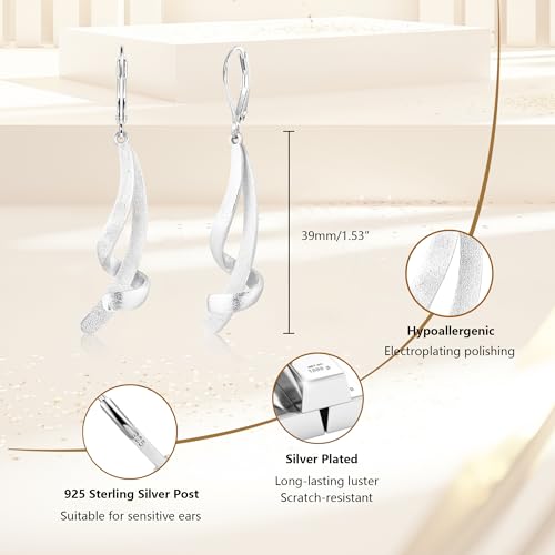 ALEXCRAFT Twisted Silver Dangle Earrings, Hypoallergenic Elegant Lightweight 14k Gold Plated Long Brushed Twisted Tassel Dangling Drop Leverback Earrings for Women Trendy Statement Jewelry in Box - color: Brushed_Silver