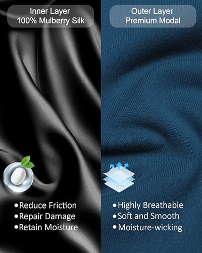 100% Mulberry Silk Bonnet for Sleeping Women Men, Real Silk Lined Bonnets for Curly Hair, Braid Sleep Cap Black Womens - color: Steel Blue + Black Lining