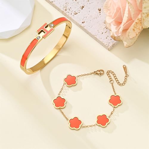 H Bangle & Clover Bracelet for Women - Stainless Steel Fashion Jewelry - 18K Gold Plated H Bangle and Lucky Five Leaf Clover Bracelet - Elegant Bracelets Set - Gift for Women - color: Gold-Orange Set