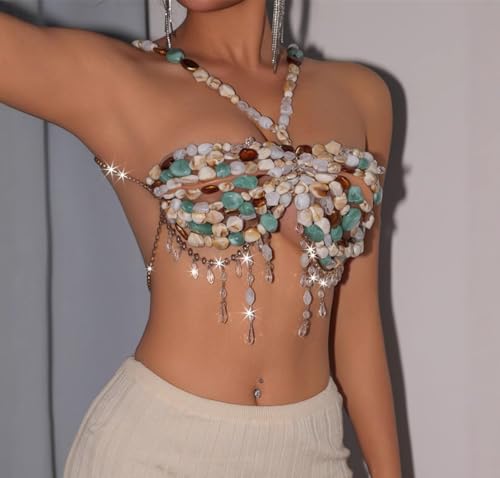 Boho Shell Beaded Body Chain Bra Luxury Crystal Tassel Beach Festival Jewelry Crystal with Gold Accents Mermaid Costume Bra Rave/Festival/Burlesque Bra Top(Blue Green stone)