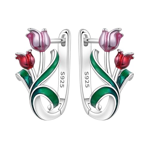 Earrings for Women 925 Sterling Silver Hoop Earring Colorful Cute Fashion Hoop Earrings Graduation Birthday Jewelry Gifts for Women - color: Tulips Earrings