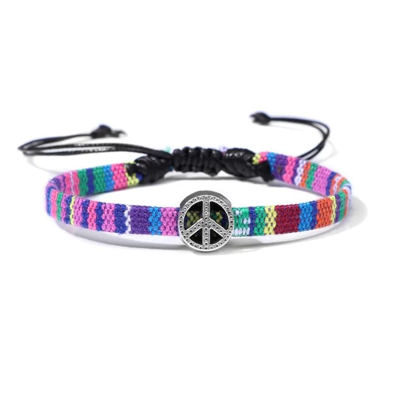 Hippie Necklaces For Women Men, Boho Woven Rope String Bracelets Handmade, Adjustable Braided Long Rope Charm Pendant, Peace Sign Bohemian Couple Bracelets Jewelry Keychain - color: hippie bracelets 652