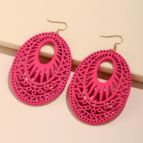 Boho Wooden Cutout Dangle Earrings for Women Bohemian Teardrop Oval Hollow Floral Pattern Drop Earrings Colorful Lightweight Statement Party Jewelry - color: Rose Red