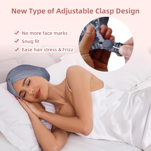 Adjustable Silk Satin Hair Bonnet for Sleeping Women, Double Layer, Silk Hair Wrap for Sleeping Women Men, Curly Natural Braid Straight Unisex - Slate Grey - color: Slate Grey