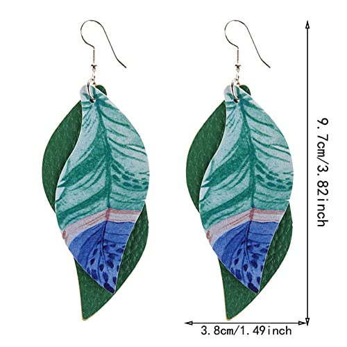 ANXIN boho unique Leather Earrings 2 Layered Lightweight Faux Leather Leaf Earrings Layered Design Drop Earrings Gift for Women - color: GREEN Faux Leather Leaf Earrings