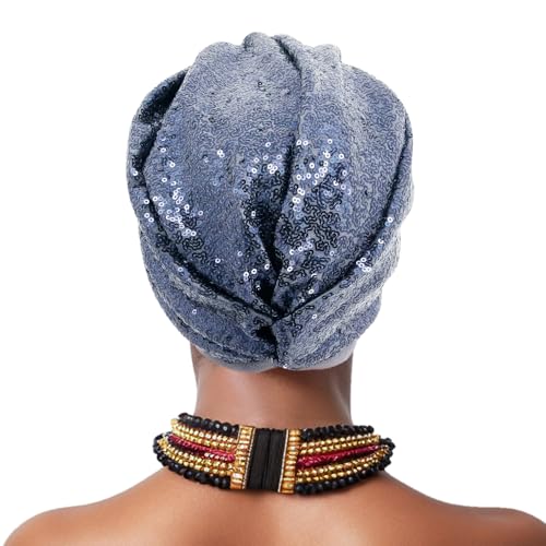 Erinaco Women Sparkle Sequin African Turban Bow Knot Pre-Tied Cap Pleated Ruffle Bonnet Beanie Hat Headwrap Skull Caps - color: Sparkle Dark Grey