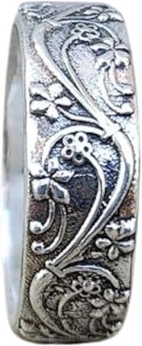 Unique Floral Wedding Band Men Engraved Band's 925 Sterling Silver Flower Design Band Vintage Thumb Ring